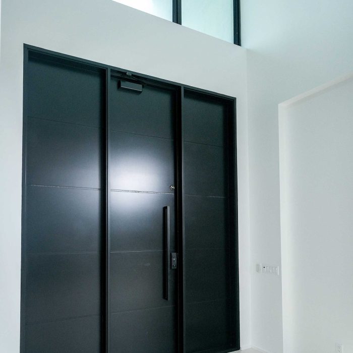Modern black front door with tall windows