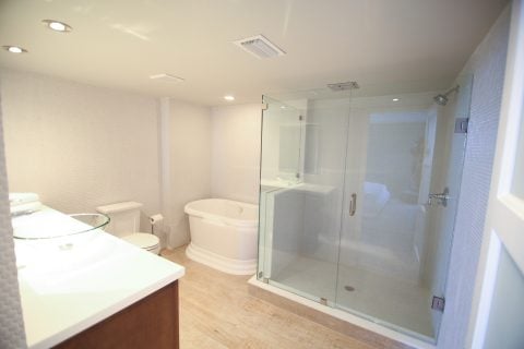 Modern bathroom with glass shower and bathtub