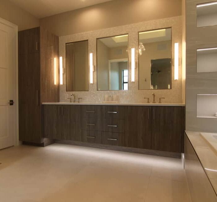 Modern bathroom with double vanity and lights