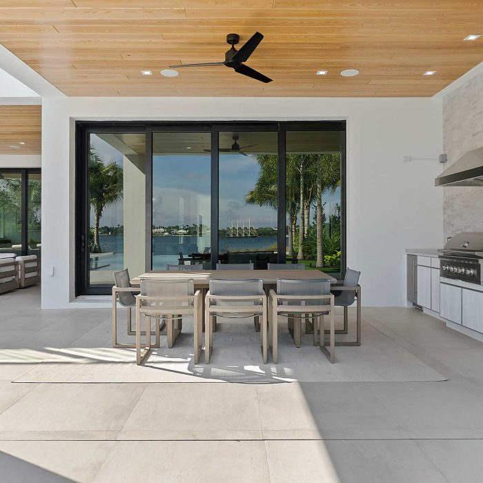 Modern outdoor kitchen with lake view