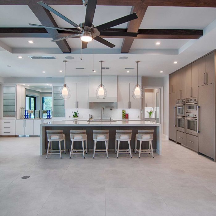 Modern kitchen with island and bar stools.