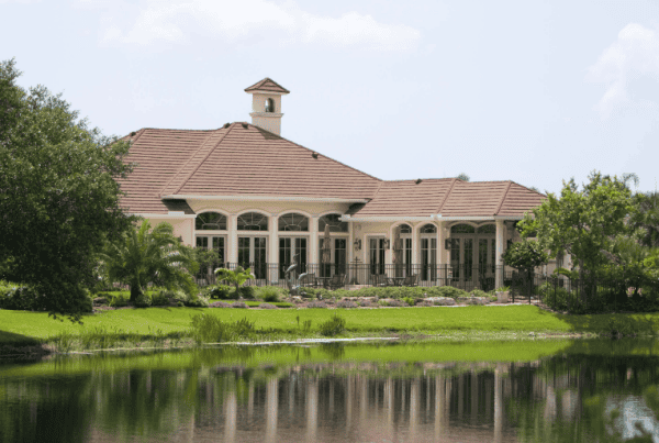 Elegant house by a serene lake view.