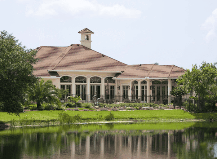 Elegant house by a serene lake view.