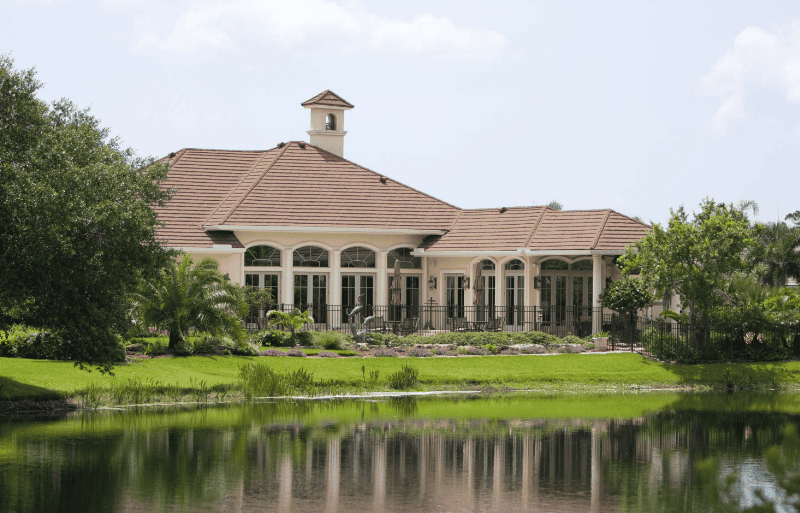 Elegant house by a serene lake view.