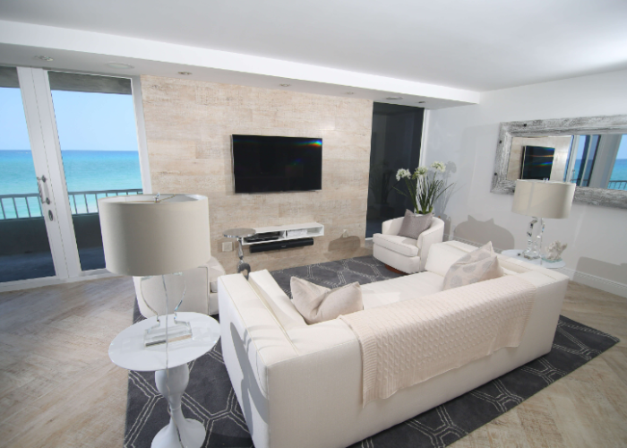 Modern living room with ocean view.