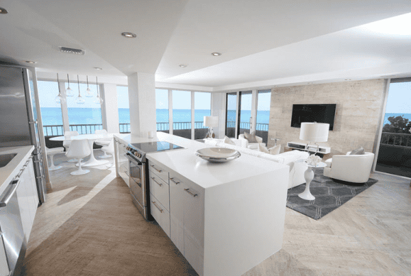 Modern oceanfront living room and kitchen