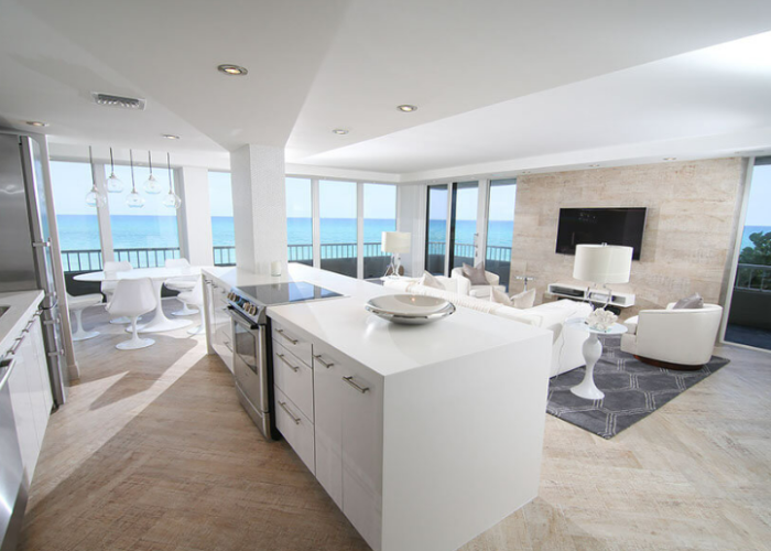 Modern oceanfront living room and kitchen