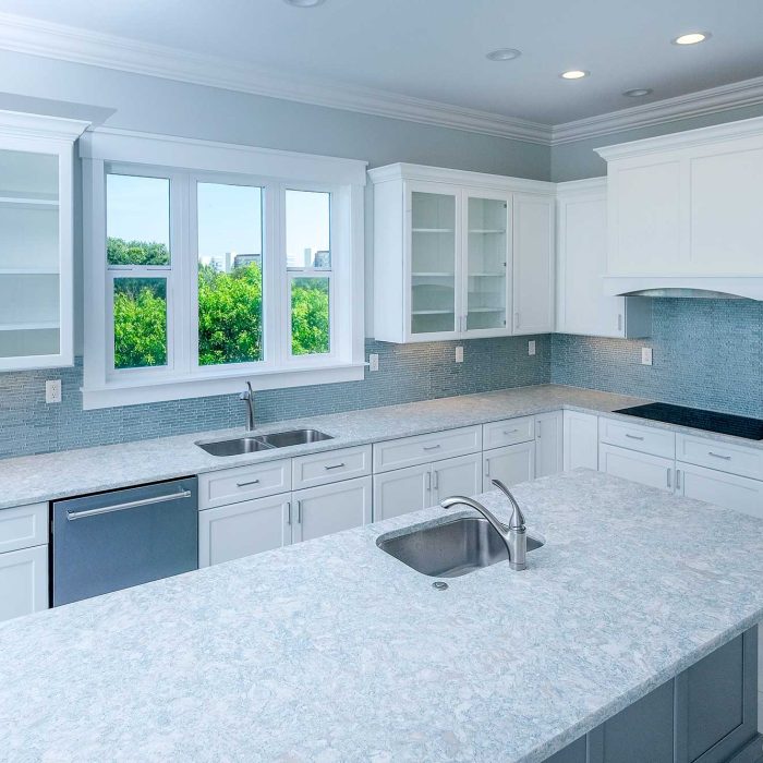 Modern kitchen with white cabinets and island