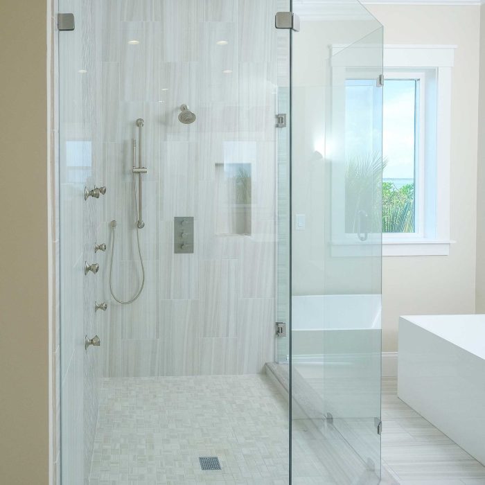 Modern glass walk-in shower with natural lighting.