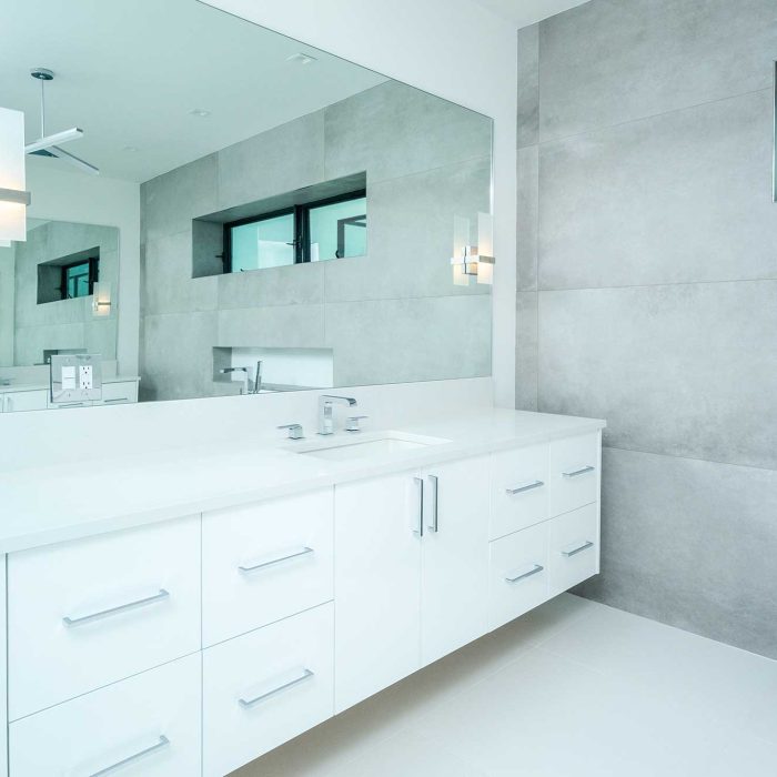 Modern white bathroom with large mirror