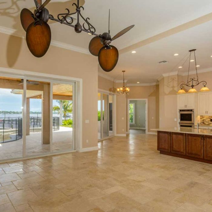 Spacious open kitchen with lake view.