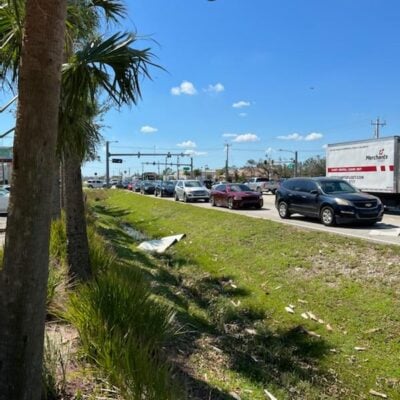 Traffic on highway with palm trees and clear sky.