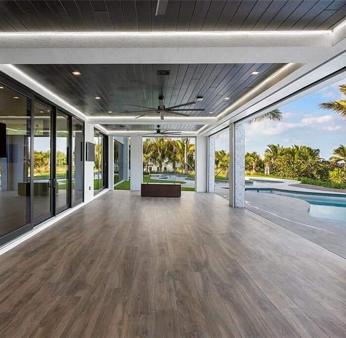 Modern patio with pool view