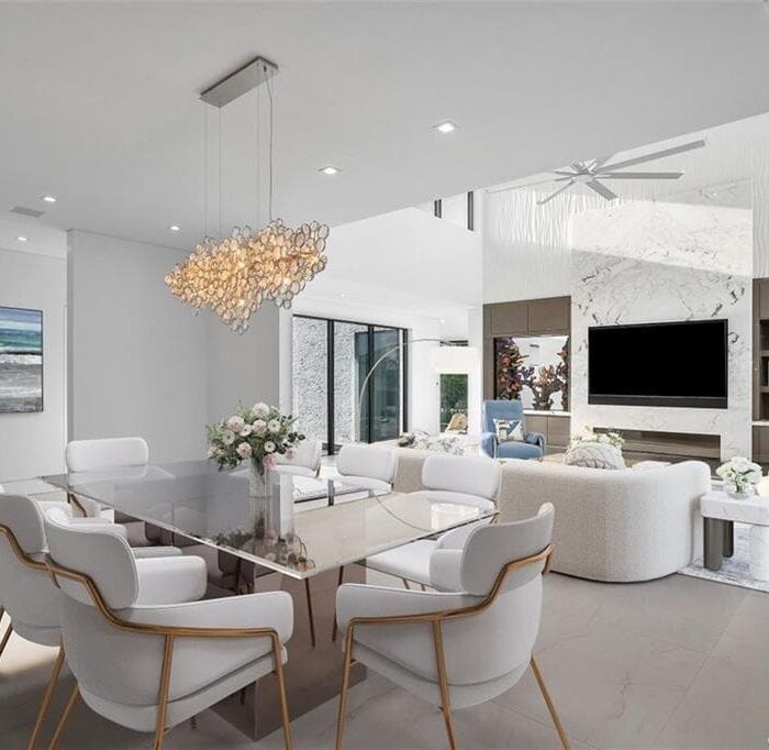 Modern living room with elegant dining area.