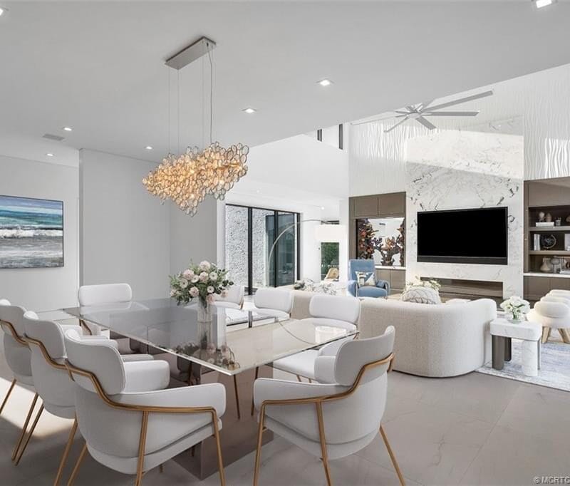 Modern living room with elegant dining area.
