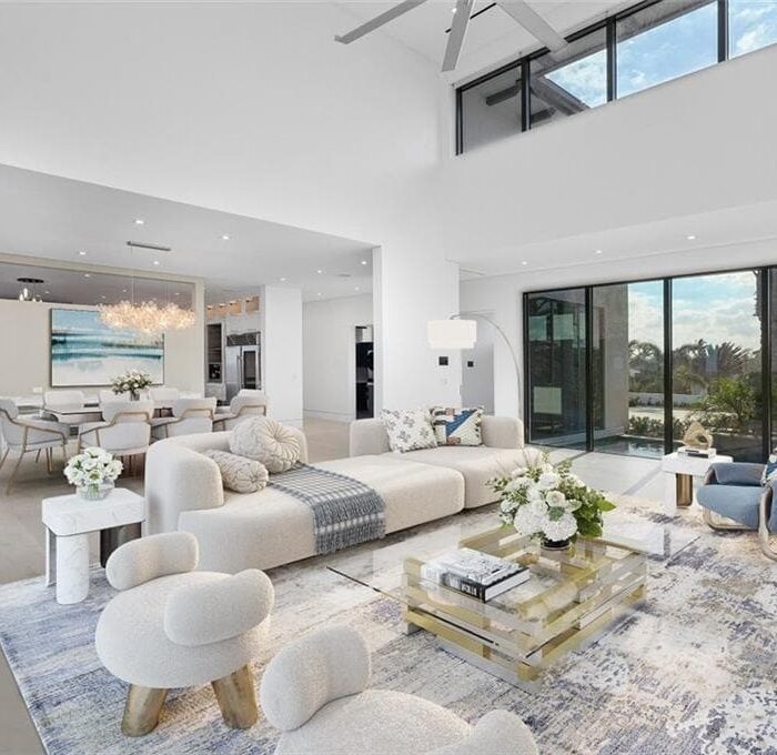 Modern living room with garden view.