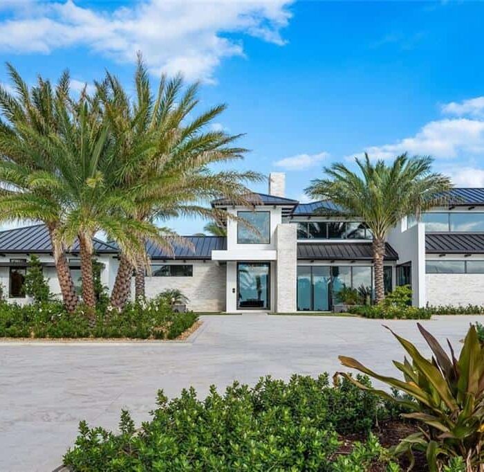 Modern luxury house with palm trees and garden.