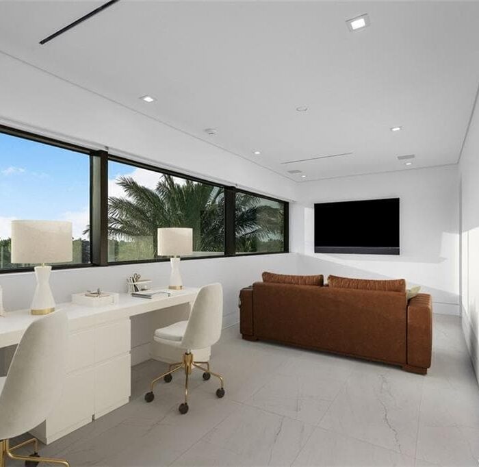 Modern home office with large window view.