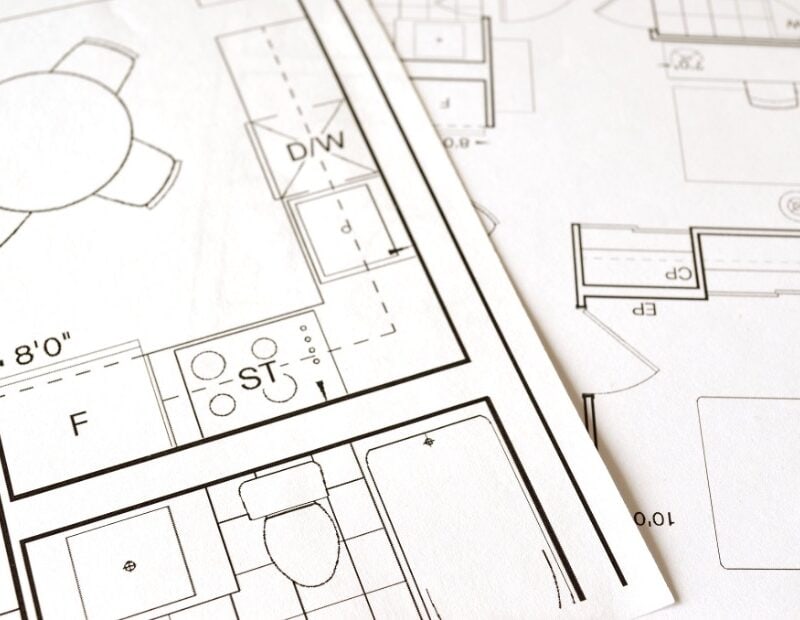 Architectural floor plans on white paper.