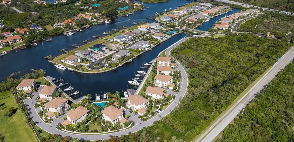 Aerial view of waterfront residential neighborhood