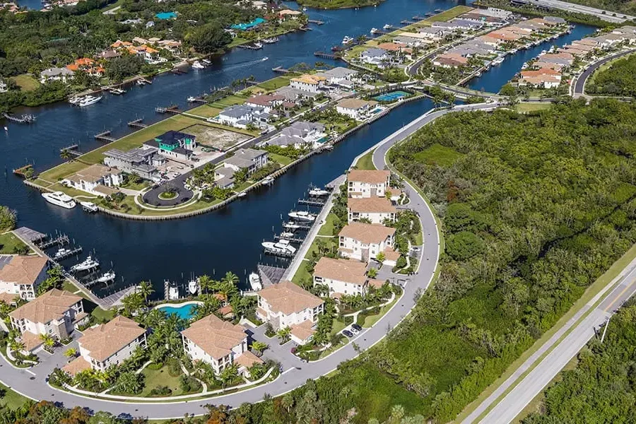 Aerial view of waterfront residential neighborhood