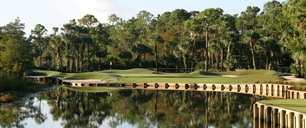 Scenic golf course surrounded by trees and water.
