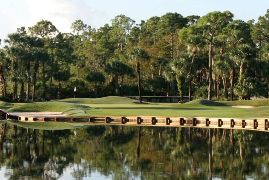 Scenic golf course surrounded by trees and water.