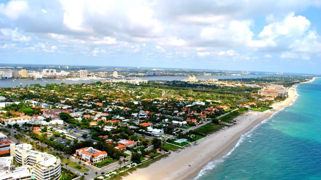 Aerial view of coastal city and beach
