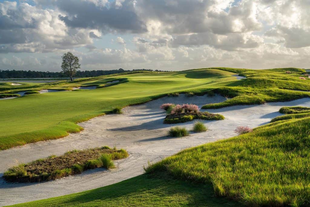Golf course with sand bunker and grass hills.