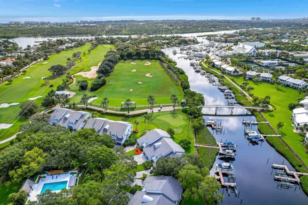 Aerial view of golf course and marina