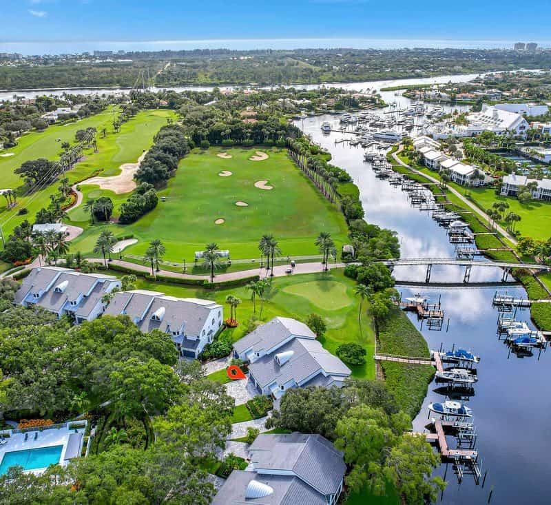 Aerial view of golf course and marina