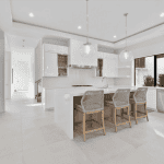 Modern white kitchen with island and barstools.