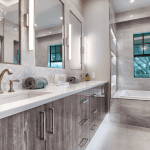 Modern bathroom with double sinks and bathtub