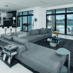 Modern living room with lake view.