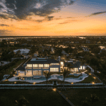 Luxury waterfront home at sunset